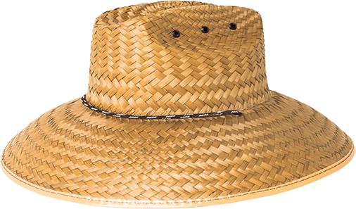 Medium-toned woven straw hat with wide brim, black cord, eyelets for ventilation, and adjustable chin strap.