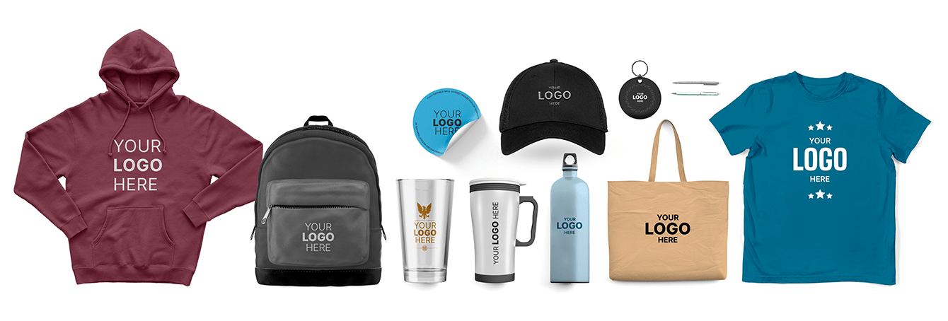 A collection of customizable products including a hoodie, backpack, cap, tote bag, t-shirt, tumbler, water bottle, pen, and keychain, all displaying personalized logos.