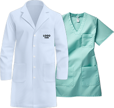 White lab coat with logo space and teal medical scrubs set, designed for healthcare professionals.