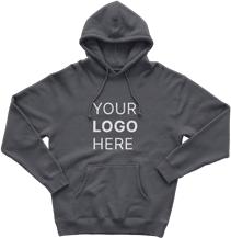  A charcoal gray hoodie with a "YOUR LOGO HERE" text space, ready for branding.