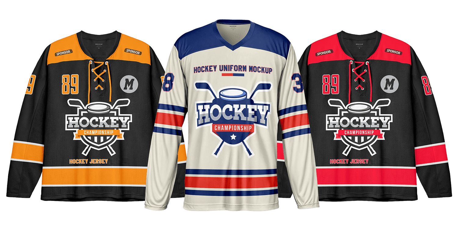 Three hockey jersey mockups in black-orange, white-blue-red, and black-red colorways with championship graphics and number 89.