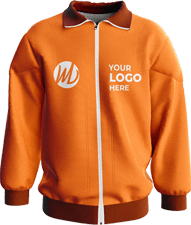  An orange bomber jacket with a white zip, featuring a "YOUR LOGO HERE" spot and a monogram on the left chest.