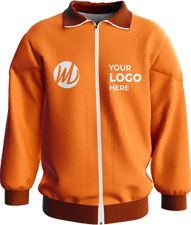  An orange bomber jacket with a white zip, featuring a 