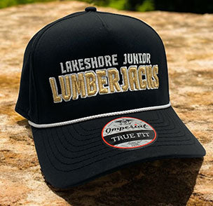 Lakeshore Junior Lumberjacks black cap with white and gold embroidery