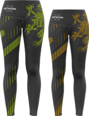  Customizable black leggings with green and gold patterned design and "YOUR ARTWORK HERE" text.