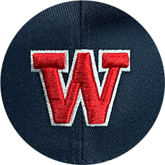 A navy blue baseball cap with a red raised letter "W" embroidered in a college font.