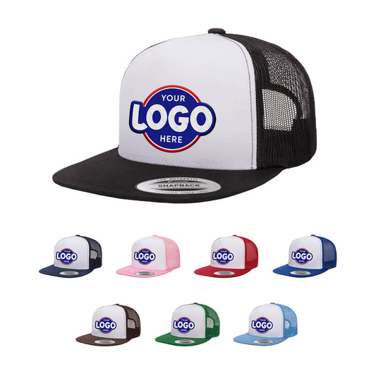 Custom Embroidered Yupoong 6006W Premium Trucker Snapback Hat, Flat Bill Cap, White Front, YP Classics