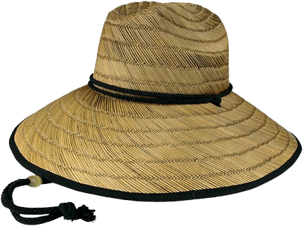 Light straw hat with wide, flat brim, black trim, and adjustable chin cord, offering breathable sun protection.