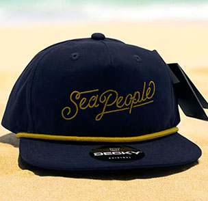 Navy Sea People cap with yellow embroidered script logo