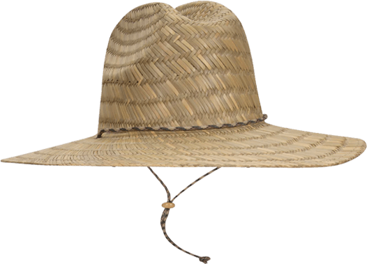 High-crown straw hat with wide brim, woven texture, and adjustable brown chin cord for secure sun coverage.