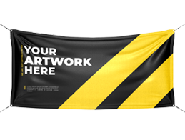 Black and yellow promotional banner with a custom artwork space