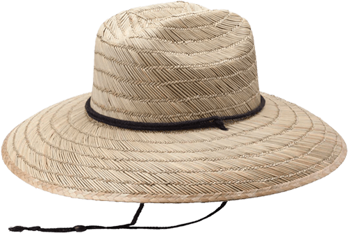 Wide-brimmed straw hat with diagonal weave patterns, black chin cord, and flat brim for sun protection.