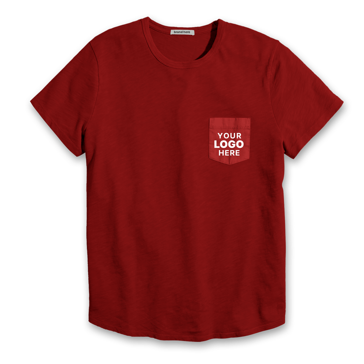 Red pocket t-shirt with a placeholder 'Your Logo Here' printed on the front pocket, designed for custom branding or logo placement.