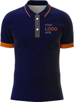 A navy blue polo shirt mock-up with orange trim and 