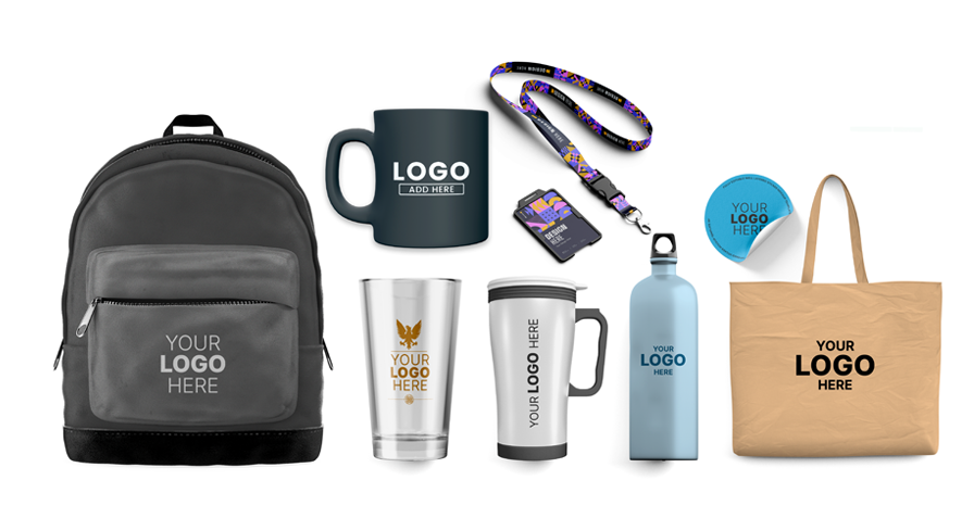 Assorted promotional items with custom logo options displayed