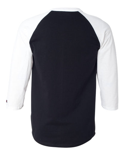 Rear View of Black/ White Raglan Sleeve Baseball T-Shirt - T137
