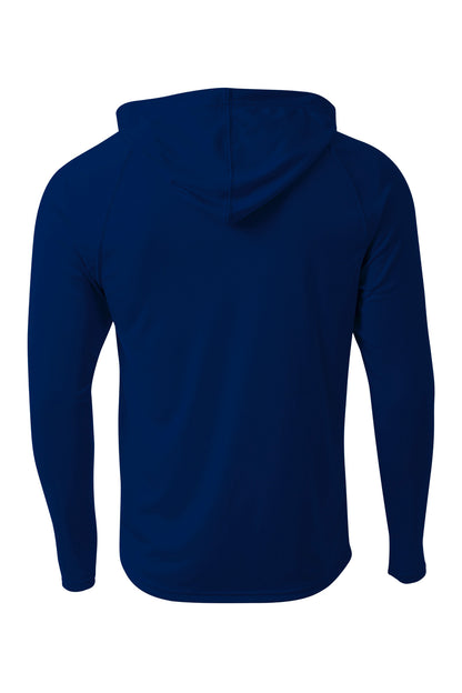 Rear View of Navy A4 Cooling Performance Long Sleeve Hooded Tee A4N3409