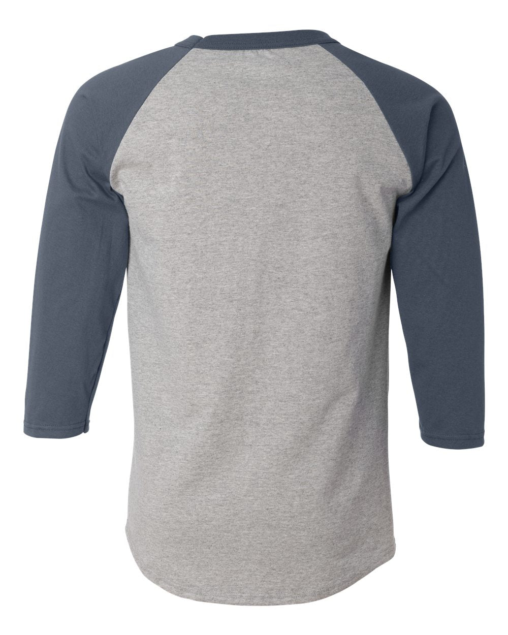 Rear View of Oxford Grey/ Navy Raglan Sleeve Baseball T-Shirt - T137