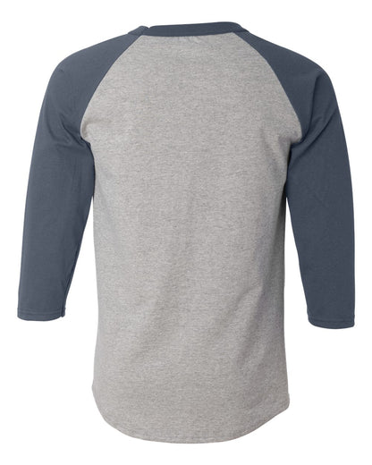 Rear View of Oxford Grey/ Navy Raglan Sleeve Baseball T-Shirt - T137
