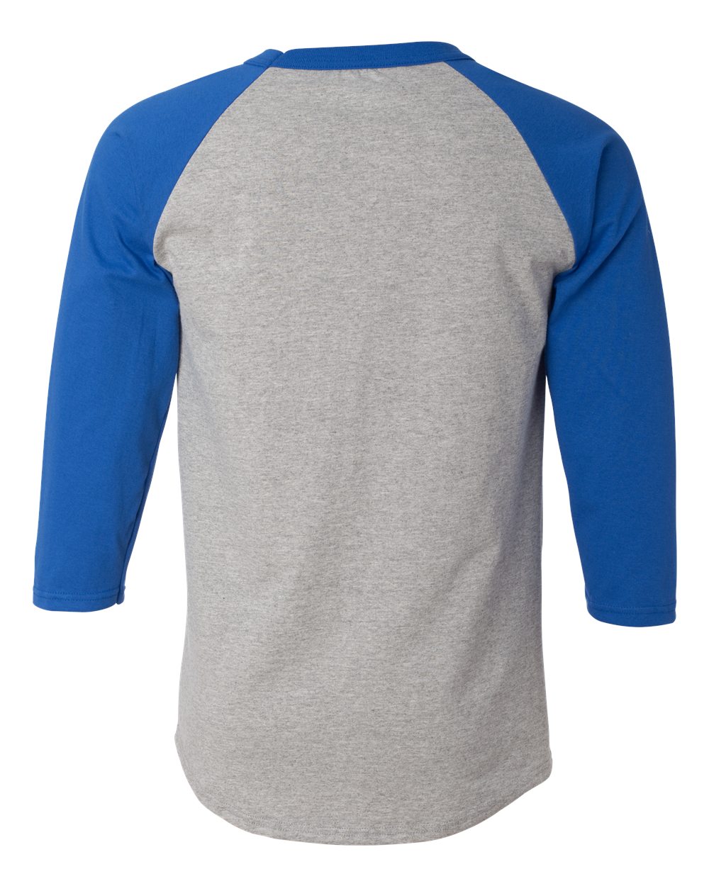 Rear View of Oxford Grey/ Team Blue Raglan Sleeve Baseball T-Shirt - T137