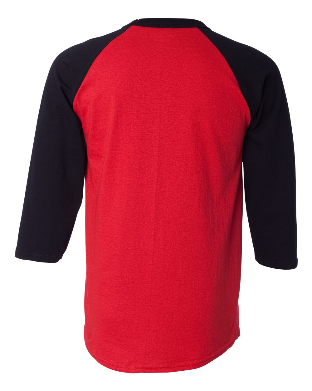 Rear View of Scarlet/ Black Raglan Sleeve Baseball T-Shirt - T137