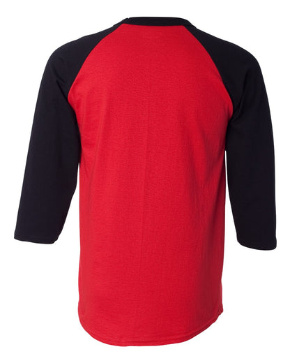 Rear View of Scarlet/ Black Raglan Sleeve Baseball T-Shirt - T137