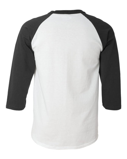 Rear View of White/ Black Raglan Sleeve Baseball T-Shirt - T137