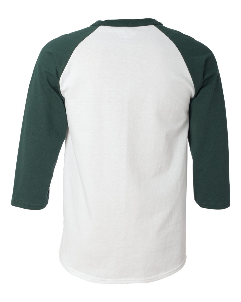 Rear View of White/ Dark Green Raglan Sleeve Baseball T-Shirt - T137