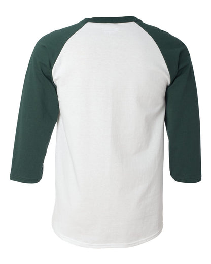 Rear View of White/ Dark Green Raglan Sleeve Baseball T-Shirt - T137