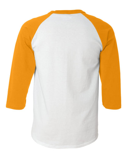 Rear View of White/ Gold Raglan Sleeve Baseball T-Shirt - T137