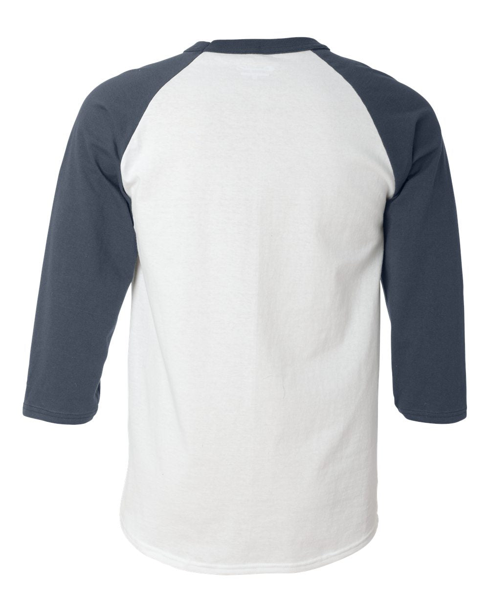 Rear View of White/ Navy Raglan Sleeve Baseball T-Shirt - T137