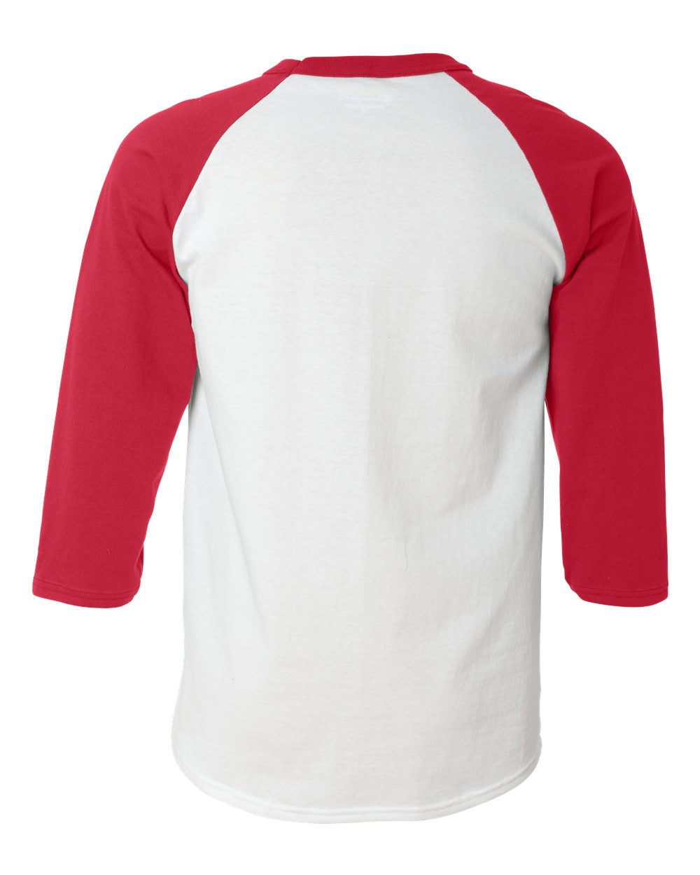 Rear View of White/ Scarlet Raglan Sleeve Baseball T-Shirt - T137