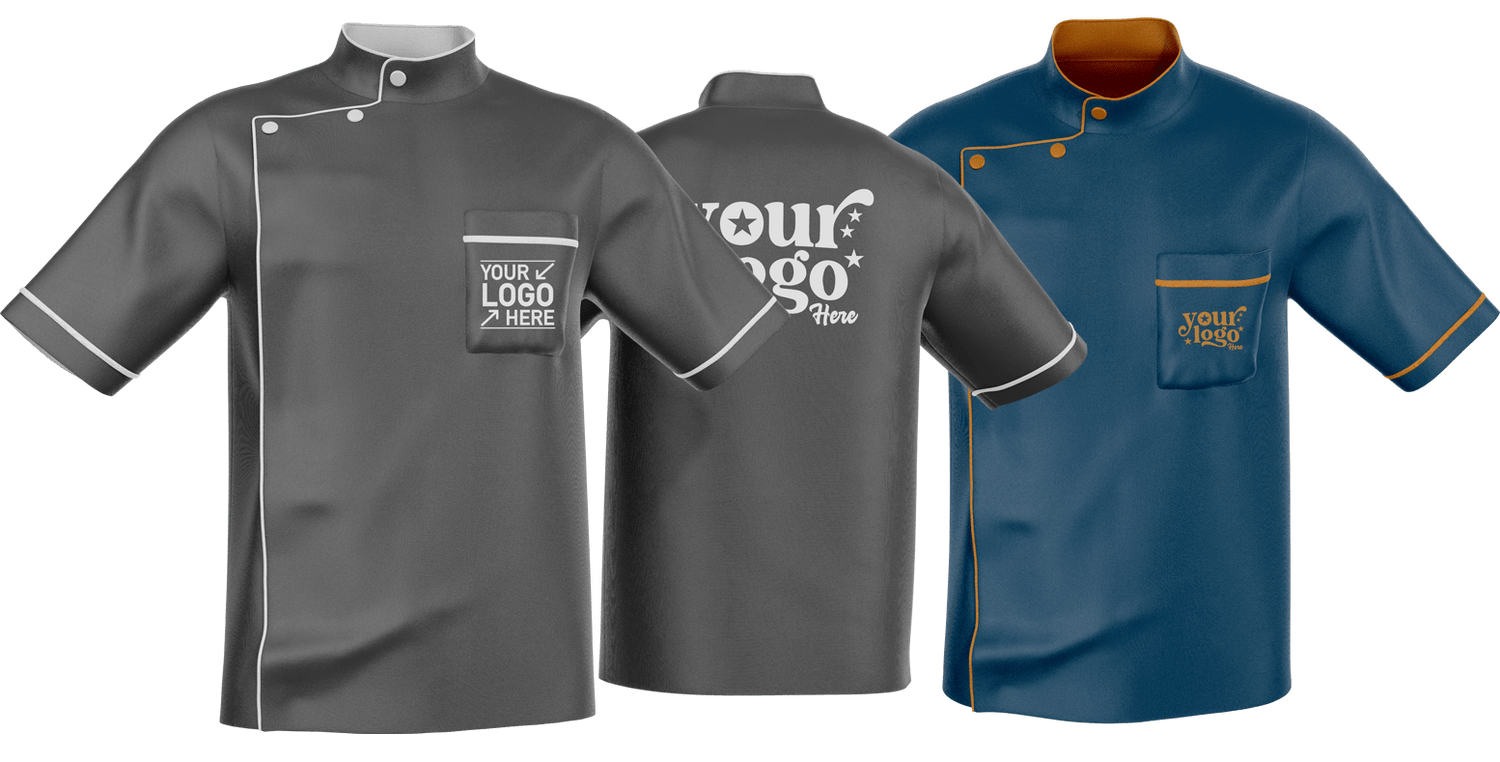 Custom restaurant uniforms with chef jackets in gray and navy featuring logo embroidery, ideal for chefs, kitchen staff, and restaurants.
