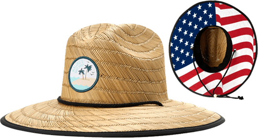 Woven straw hat with a palm patch on the front, wide brim, and an inner liner featuring an American flag pattern.