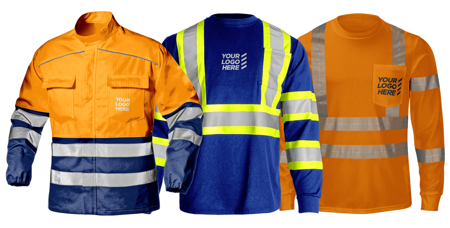 High-visibility safety clothing with reflective strips in orange and blue, designed for construction, industrial, and outdoor workwear.