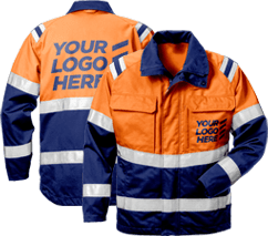 High-visibility orange and navy safety jacket with reflective stripes and space for logo placement.