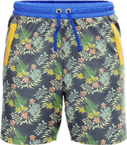 Floral-patterned shorts with a blue drawstring and yellow pocket trims, designed for casual wear.