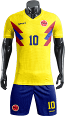  Yellow soccer jersey with blue shorts, red and blue accents, number 10, and a team crest on the chest.
