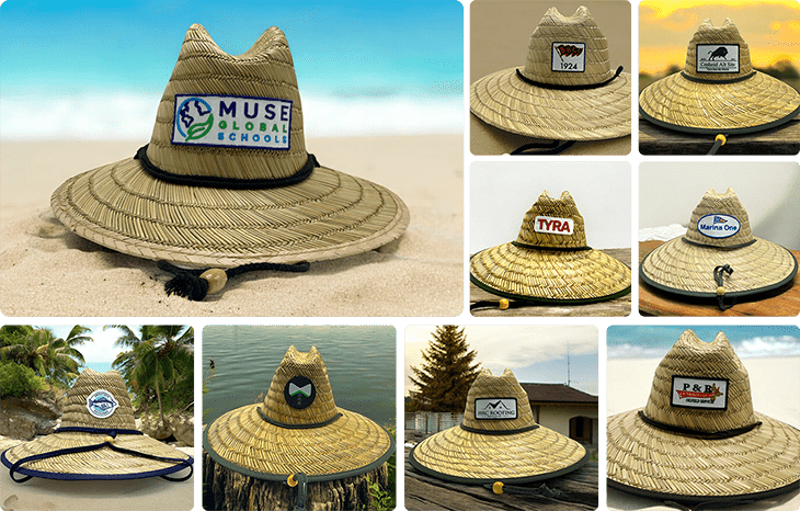 A collage of straw hats with custom embroidered patches featuring logos from various brands, displayed in outdoor and beach settings.