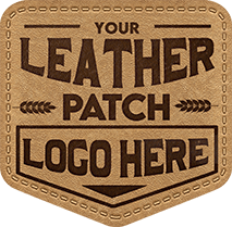 Brown leather patch with stitched edges reading 'Your Leather Patch Logo Here' in a rustic, engraved style.