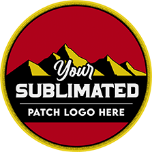 Round patch with red background, yellow mountains, and the text 'Your Sublimated Patch Logo Here' in white.