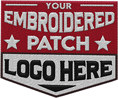 Red and gray embroidered patch reading 'Your Embroidered Patch Logo Here' with two white stars on either side.