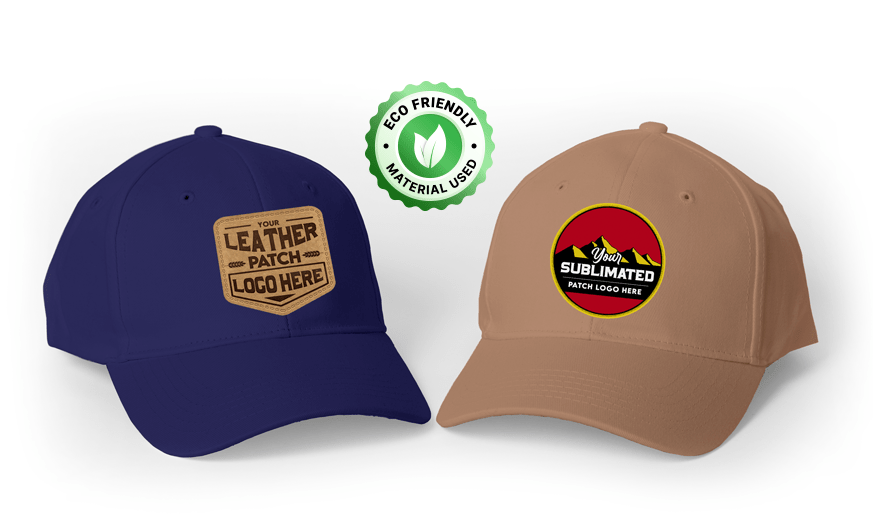 Two eco-friendly hats: a navy cap with a leather patch logo and a tan cap with a sublimated patch logo, both customizable with your design.