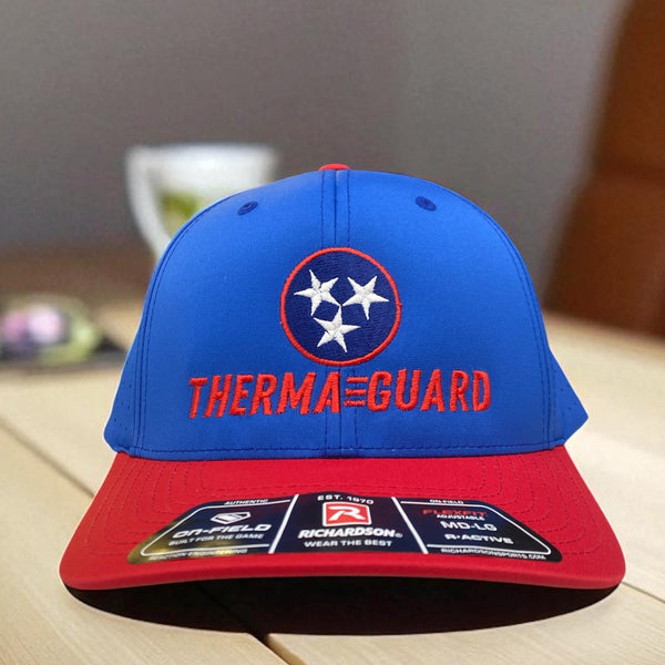Blue and red Richardson hat with embroidered ThermaGuard logo and three white star design on front.