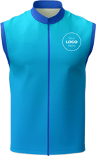 A blue sleeveless vest with a collar and zipper, featuring a custom logo area on the right chest.