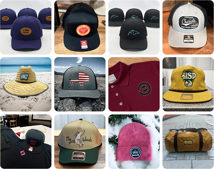 Collection of various hats including baseball caps, a straw hat, a bucket hat, and a beanie, all with different logos and designs.