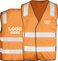  Orange high-visibility safety vest with reflective stripes and placeholder for a logo.