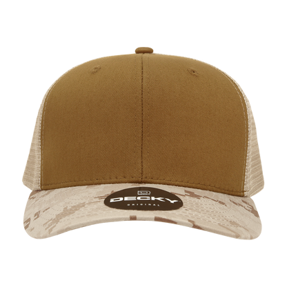 Custom Embroidered Decky 1054 - Camo Curve Bill Trucker Hat, 6 Panel Camo Trucker Cap