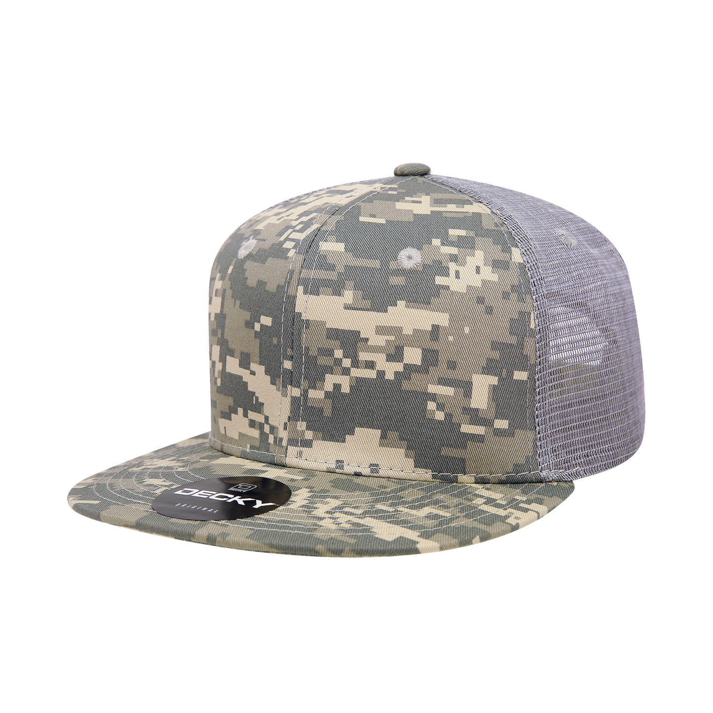 Decky 1055 Camo Flat Bill Trucker Hat, Camouflage 6 Panel Trucker Cap - Blank