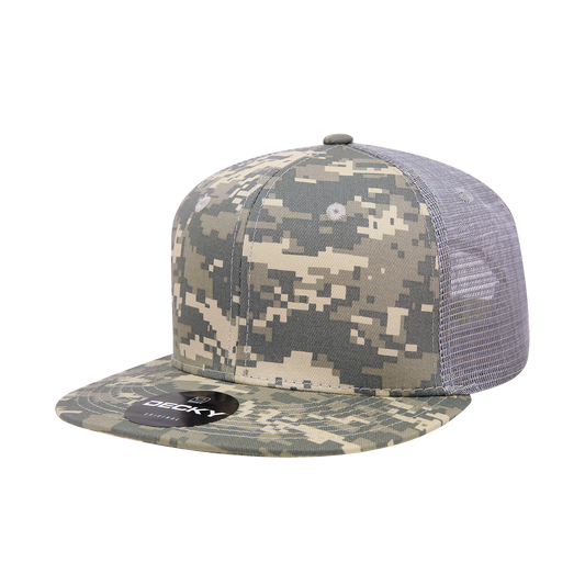 Decky 1055 Camo Flat Bill Trucker Hat, Camouflage 6 Panel Trucker Cap - Blank